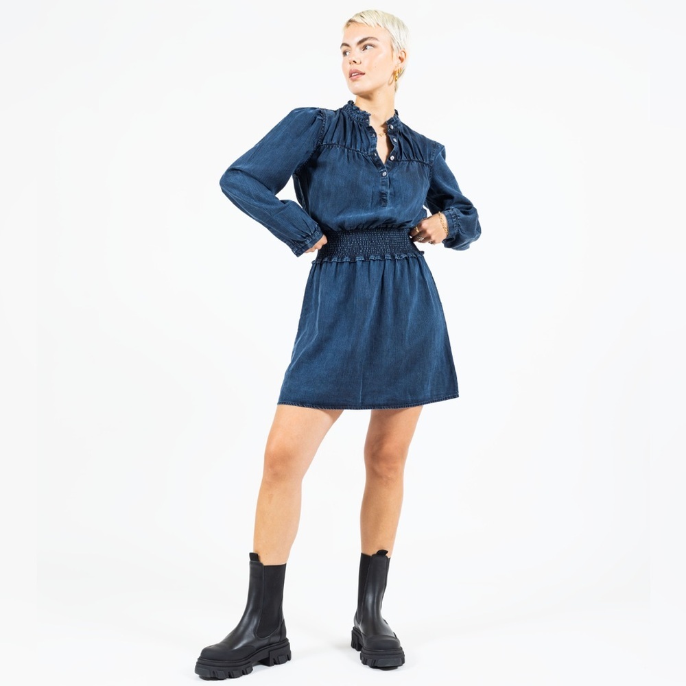 Rails Shawna Denim Jean Smocked Ruffle Puff Sleeve Mini Dress Dark Vintage XL